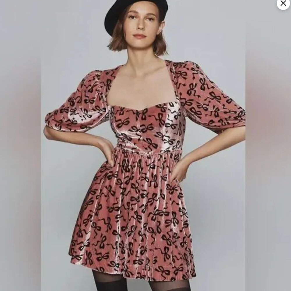 Maeve Anthropologie Sweetheart Velvet Mini Dress Bows PINK Black S NWT